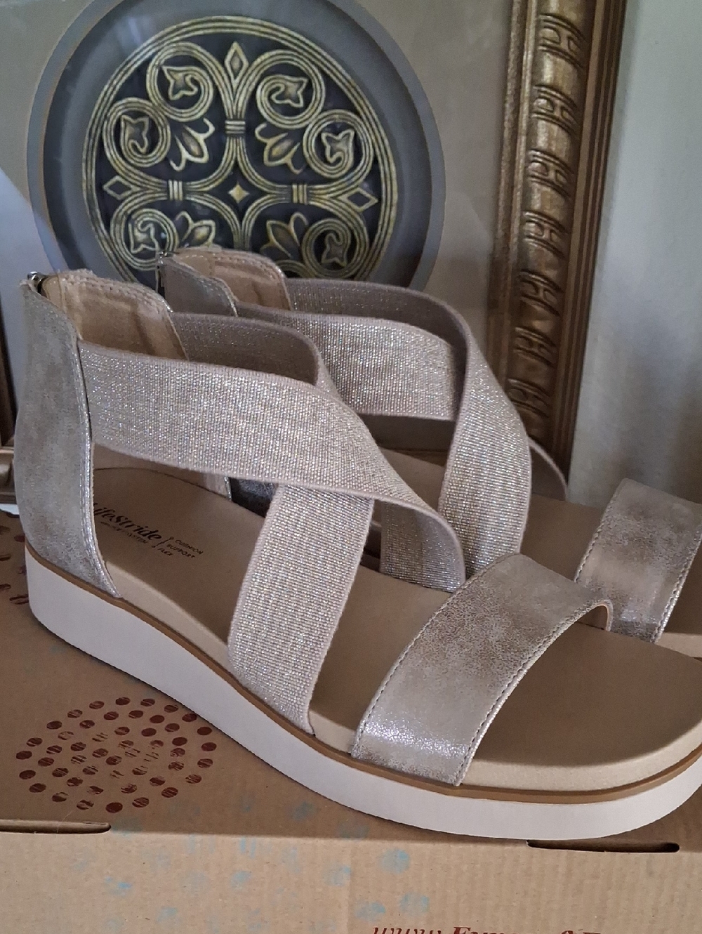 Life Stride Gold Metallic Crisscross Wedge Sandals